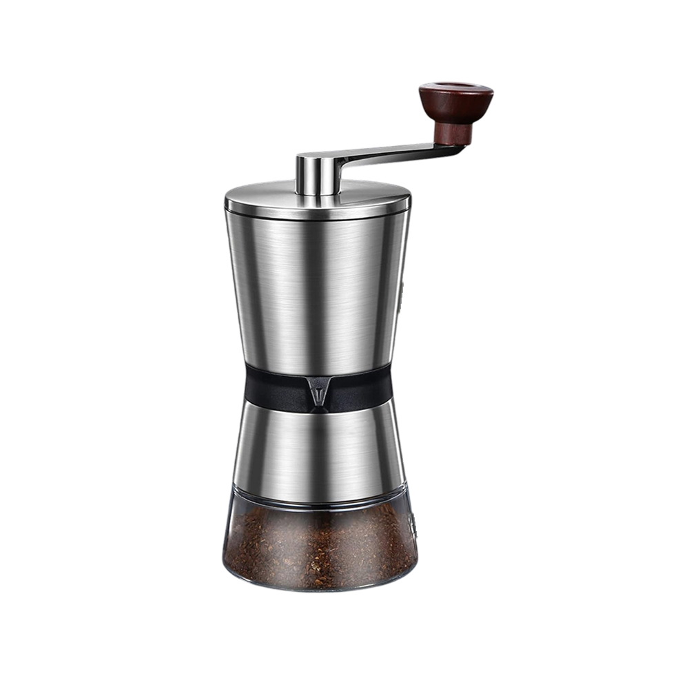 Grindofy Coffee Bean Grinders with a metallic body and wooden accents on a white background