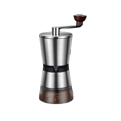 Grindofy Coffee Bean Grinders with a metallic body and wooden accents on a white background