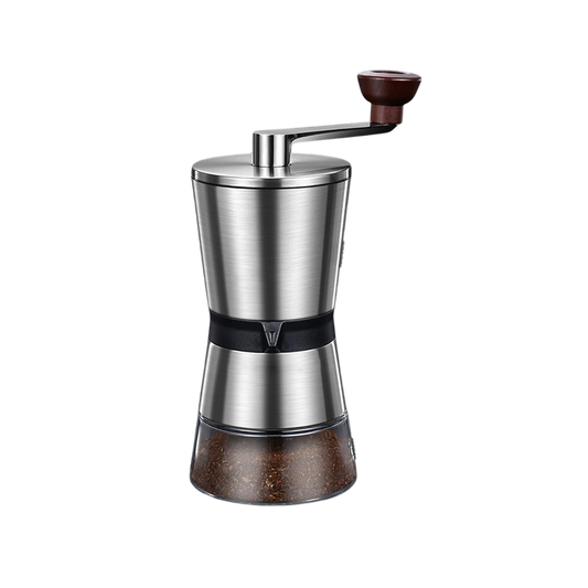 Grindofy Coffee Bean Grinders with a metallic body and wooden accents on a white background