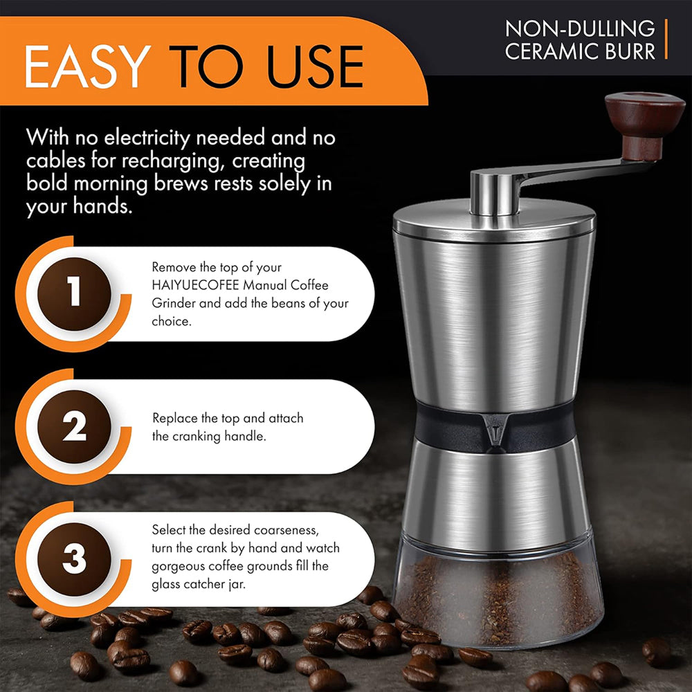 Manual Grindofy Coffee Bean Grinders with coffee beans and instructions on a dark background
