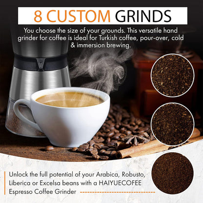 Hand Grindofy Coffee Bean Grinders for coffee with a cup of steaming coffee and coffee beans, featuring text about customizable grind sizes.