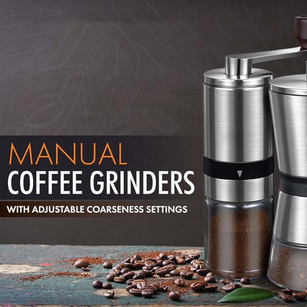 Grindofy Coffee Bean Grinders with adjustable coarseness settings on a dark background with coffee beans.