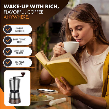 Woman reading a book and drinking coffee with a Grindofy Coffee Bean Grinders and phone on the table.