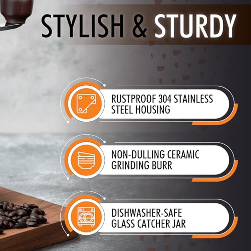Product features with text on a background of coffee beans and a Grindofy Coffee Bean Grinders.