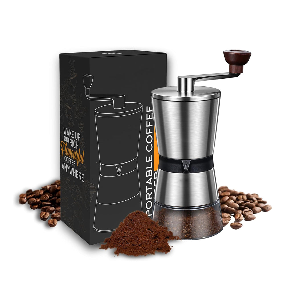 Portable Grindofy Coffee Bean Grinders with packaging and coffee beans on a white background