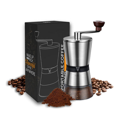Portable Grindofy Coffee Bean Grinders with packaging and coffee beans on a white background