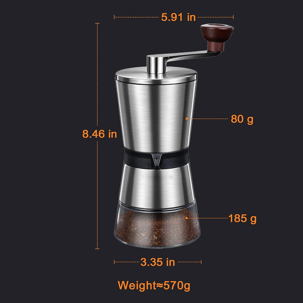 Handheld Grindofy Coffee Bean Grinders with measurements on a dark background