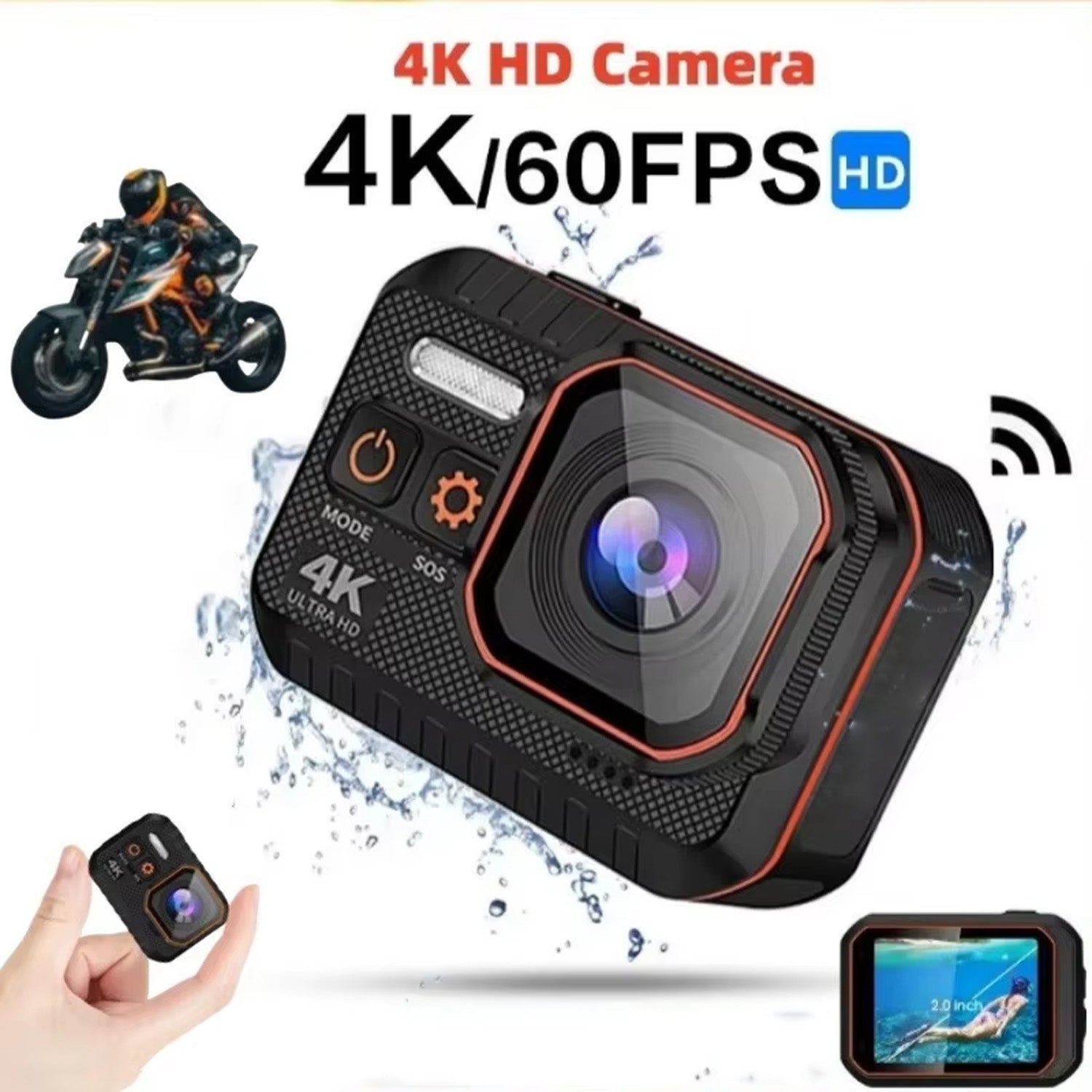 4K HD GripCylot Camera with water resistance and remote control features on a white background