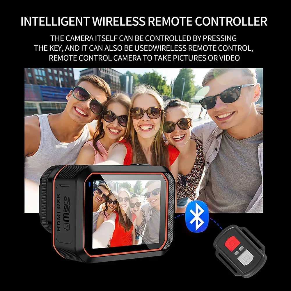 Intelligent wireless remote controller with a GripCylot Camera display and Bluetooth symbol, shown with a group of people taking a selfie.