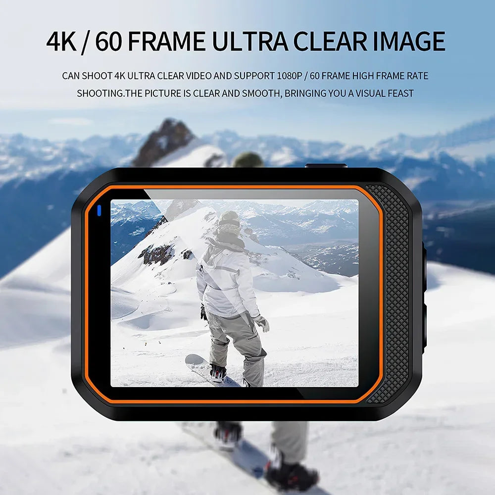 GripCylot Camera with screen displaying a snowy mountain scene, with text about 4K and 60 frame rate capabilities.