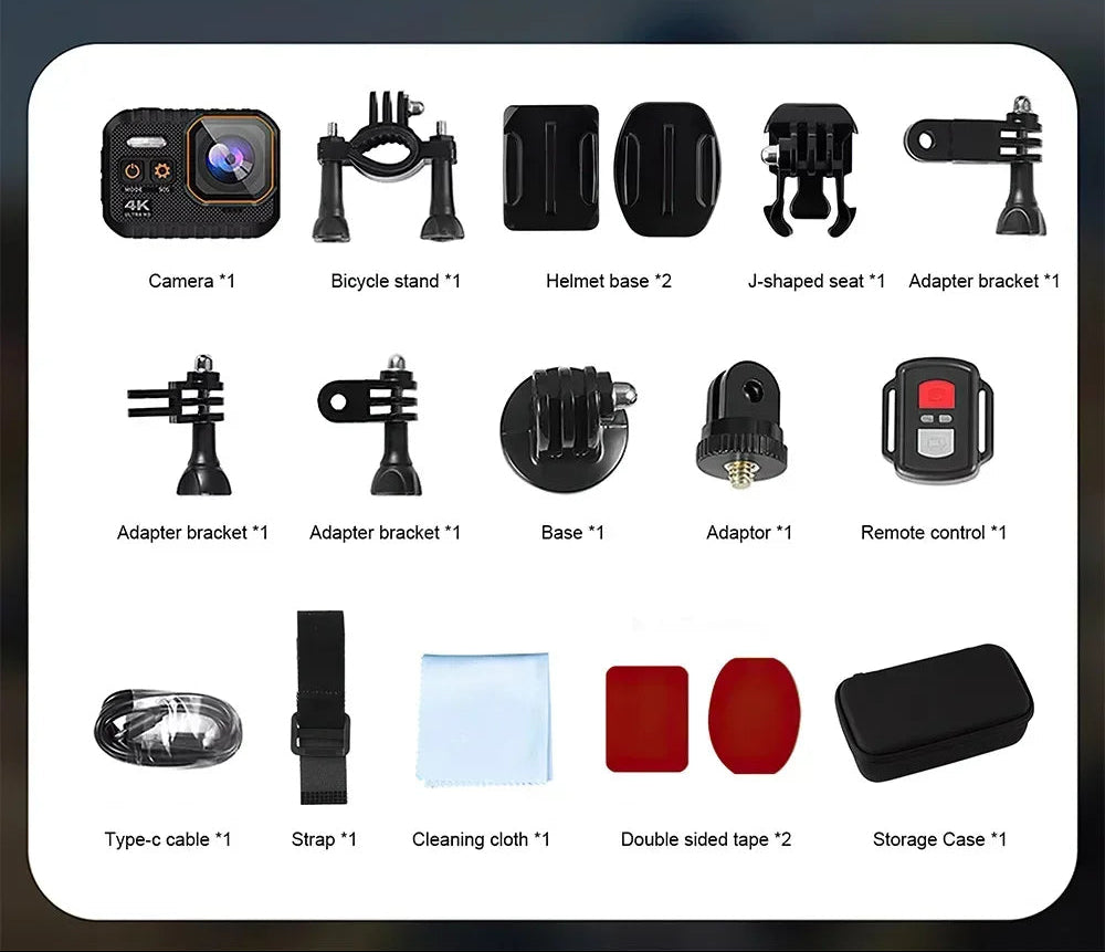 Packing list of GripCylot Camera accessories including camera, bicycle stand, helmet base, adapter brackets, remote control, cable, strap, cleaning cloth, double-sided tape, and storage case.
