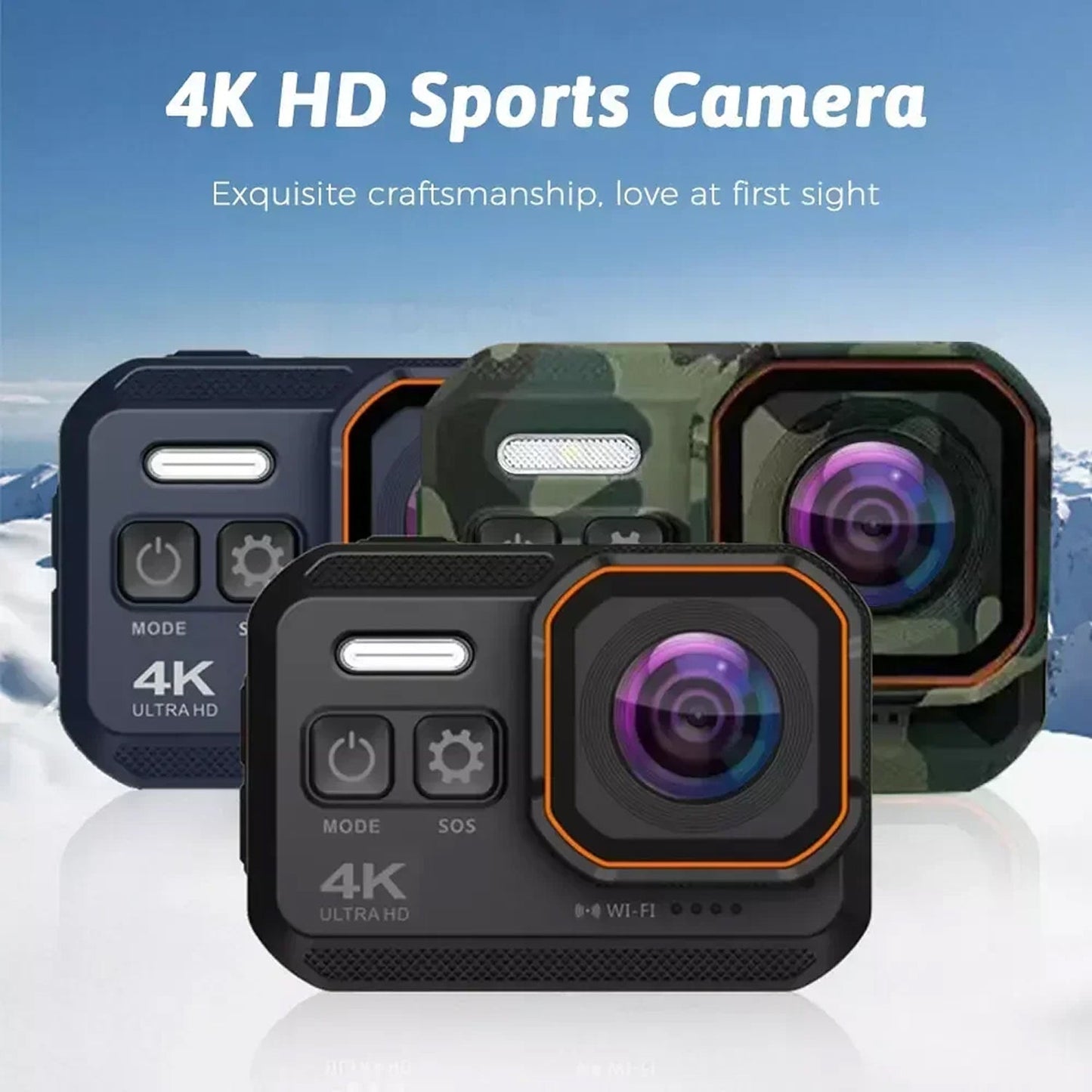 4K HD sports GripCylot Camera with camouflage and black designs on a reflective surface with mountain background