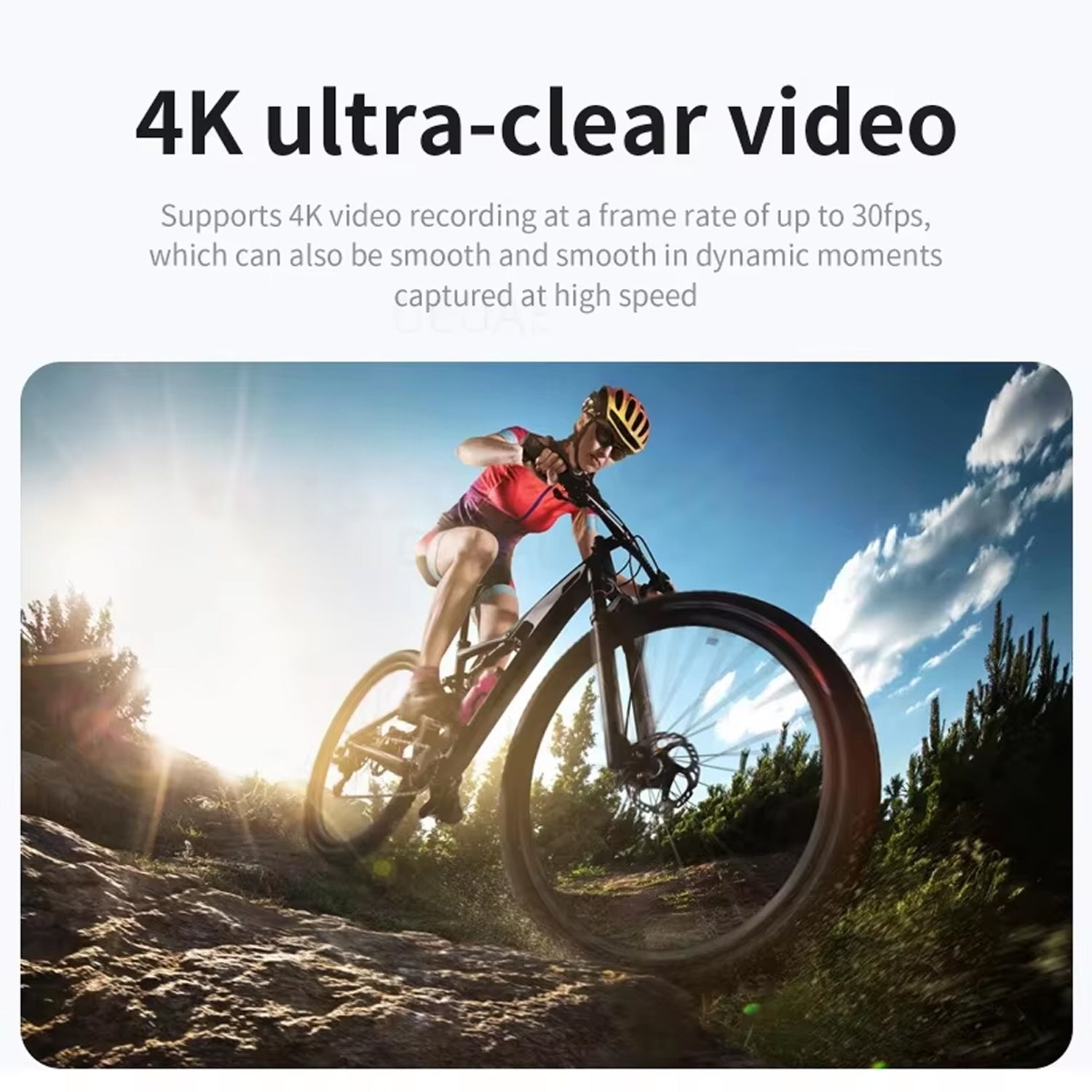 Person riding a bicycle on a trail with text about 4K ultra-clear video capabilities.