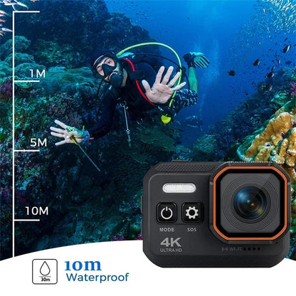 Diver underwater with a 4K GripCylot Camera displaying waterproof feature.