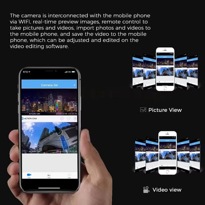 Smartphone displaying GripCylot Camera app with cityscape view, held by a hand, on a black background.