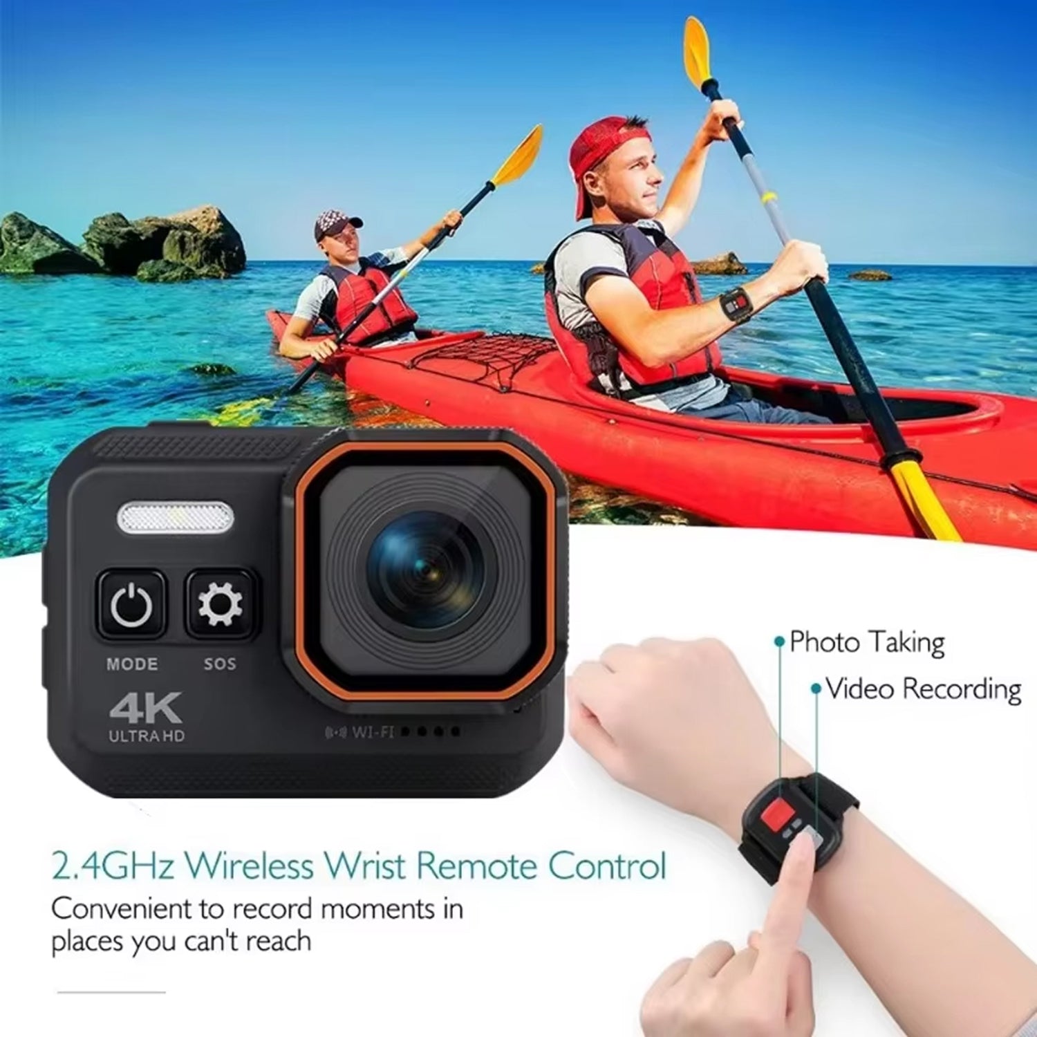 GripCylot Camera with 2.4GHz wireless wrist remote control displayed in front of two people kayaking.
