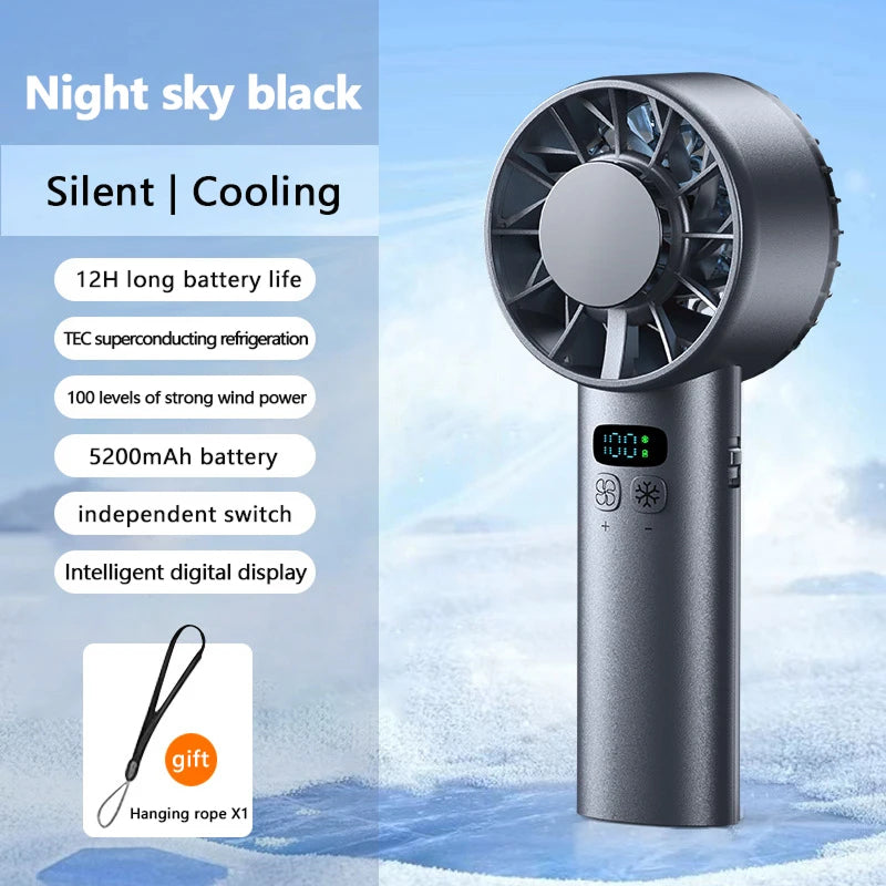 HadixLiv Handheld Fan with features listed on a blue background