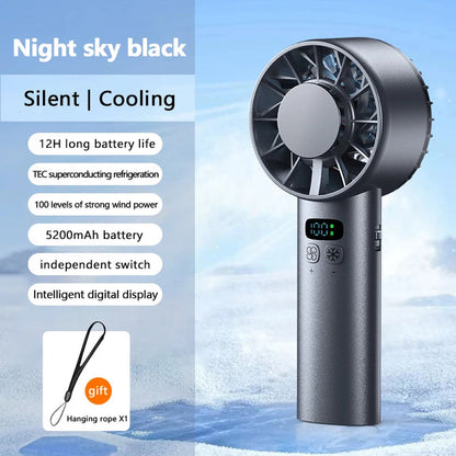 HadixLiv Handheld Fan with features listed on a blue background
