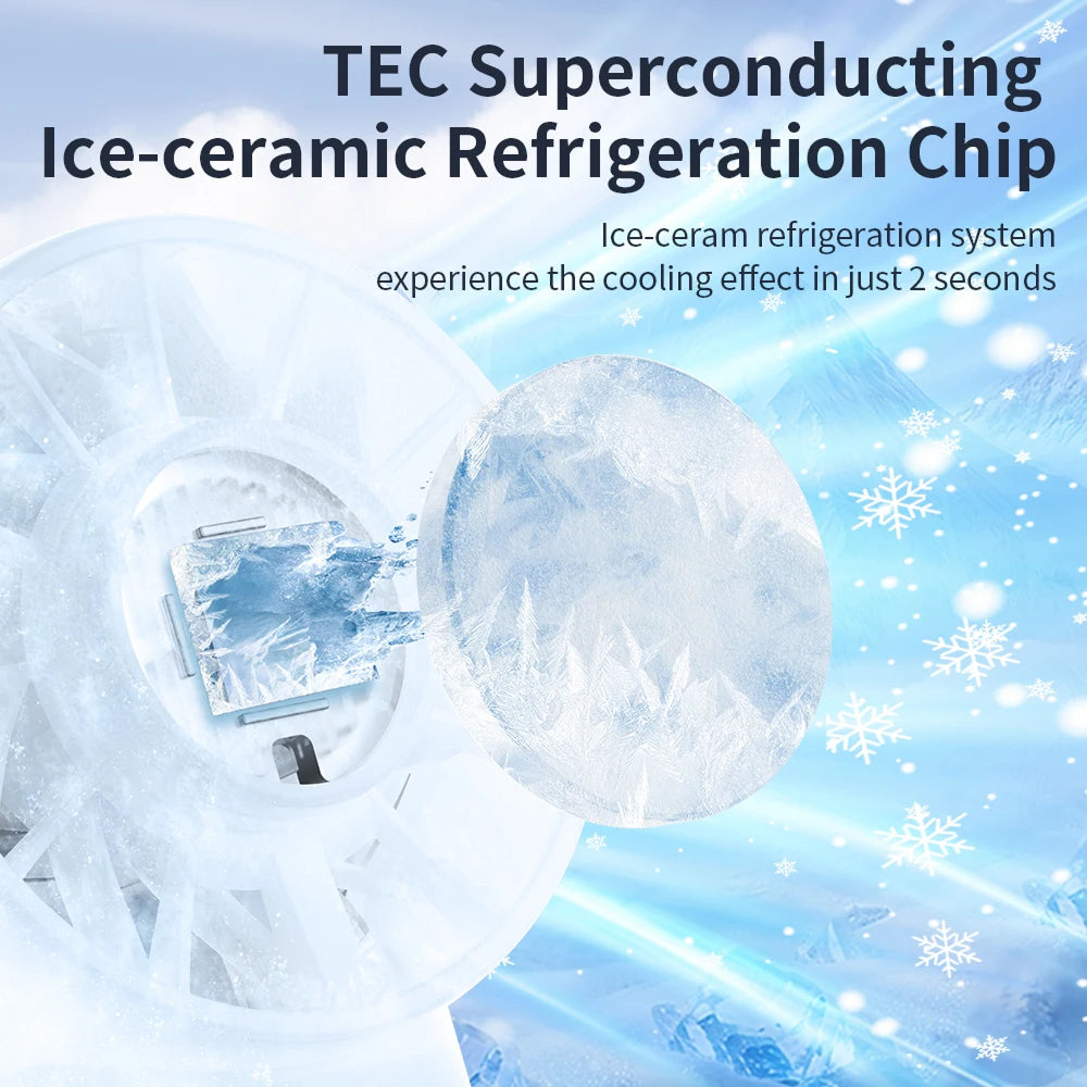 TEC Superconducting Ice-ceramic Refrigeration Chip with ice crystal and snowflake graphics on a blue background