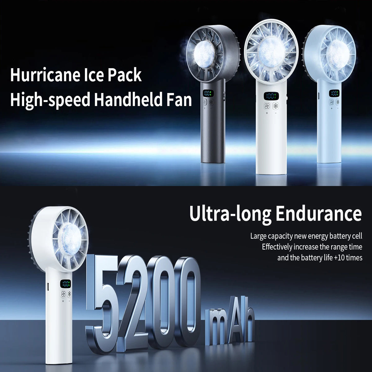 High-speed HadixLiv Handheld Fan with 'Hurricane Ice Pack' and 'Ultra-long Endurance' text on a dark background.