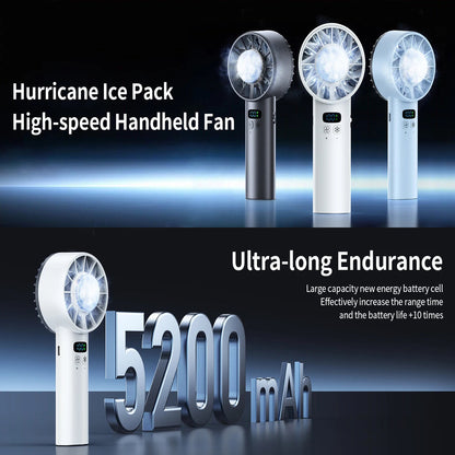 High-speed HadixLiv Handheld Fan with 'Hurricane Ice Pack' and 'Ultra-long Endurance' text on a dark background.