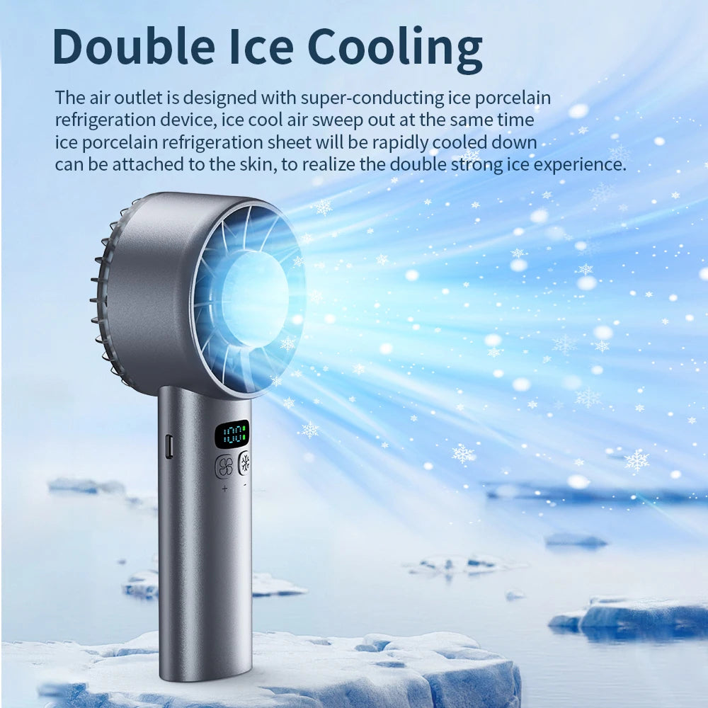 HadixLiv Handheld Fan with ice cooling technology on a icy background