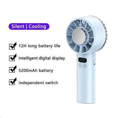 HadixLiv Handheld Fan with features listed on a white and purple background