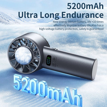 HadixLiv Handheld Fan with 5200mAh battery capacity on a snowy background