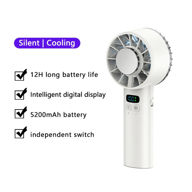 HadixLiv Handheld Fan with features listed on a purple and yellow background