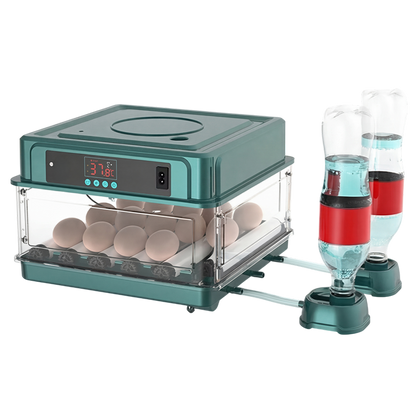 Green HatchiEggo Egg Incubator with digital display and two water bottles attached on a white background