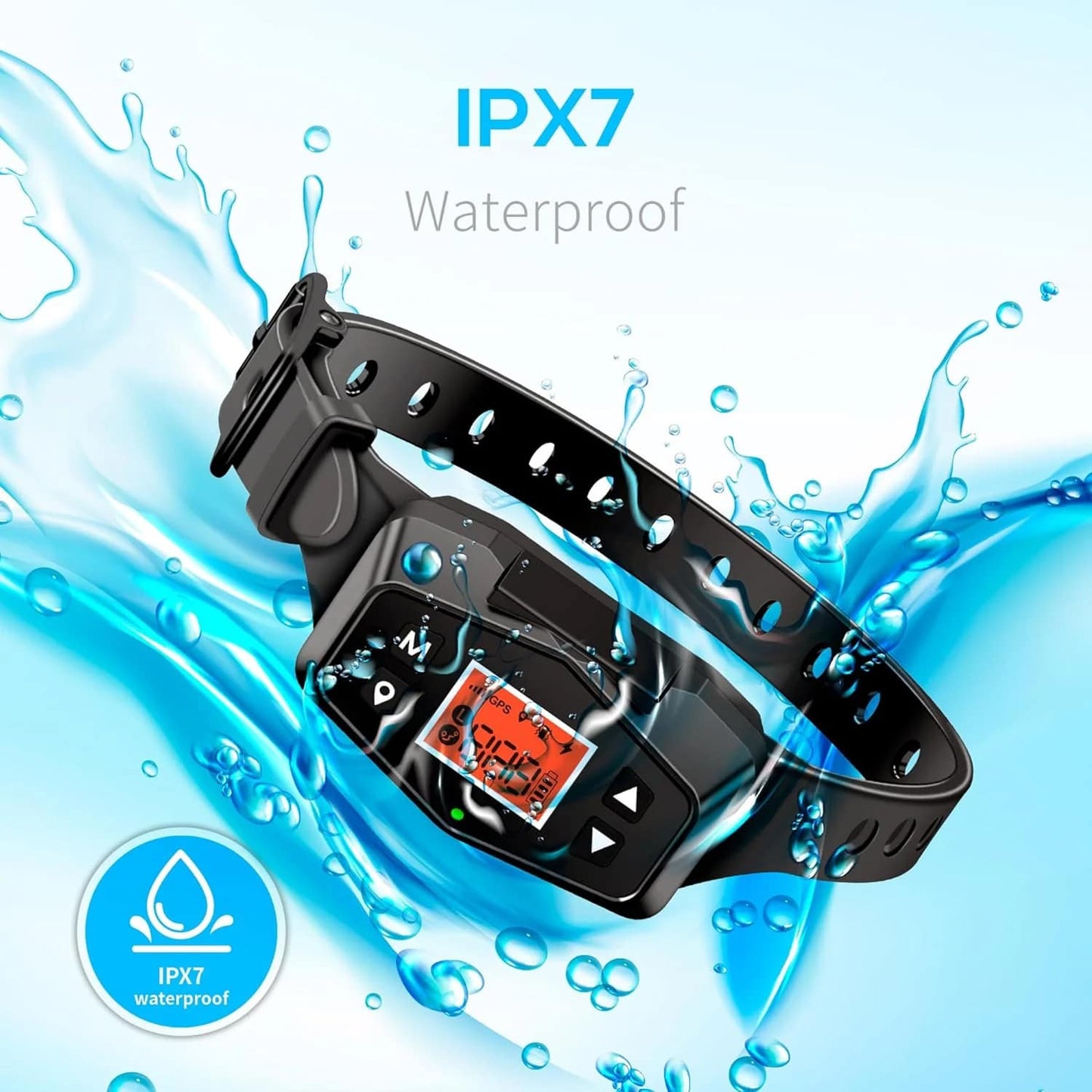 Black electronic HavinFen GPS Dog Fence with digital display on a blue water splash background, featuring IPX7 waterproof label.