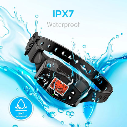 Black electronic HavinFen GPS Dog Fence with digital display on a blue water splash background, featuring IPX7 waterproof label.