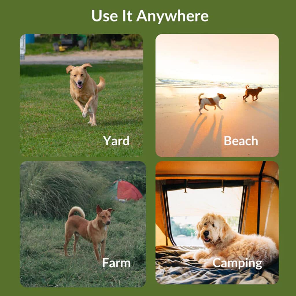 Dog in various settings including yard, beach, farm, and camping with text 'Use It Anywhere'.