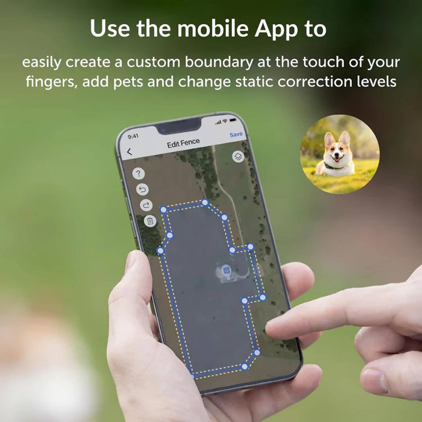 Hand holding a smartphone with a pet fence  app interface, showing a dog in a park.