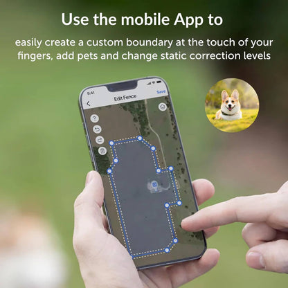 Hand holding a smartphone with a pet fence  app interface, showing a dog in a park.