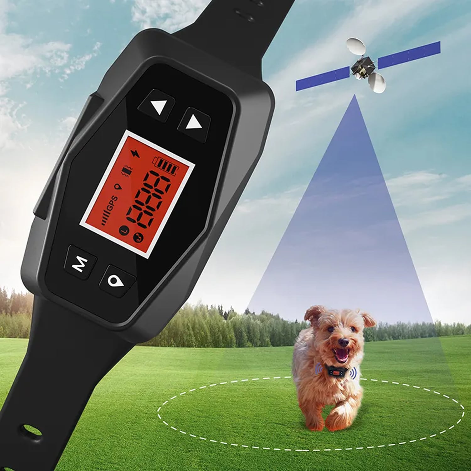 Digital HavinFen GPS Dog Fence with satellite and dog on grass