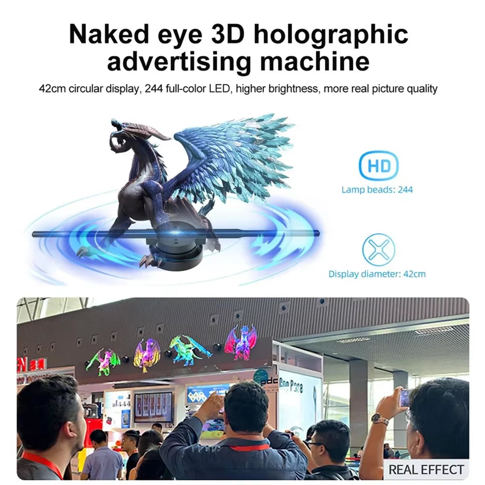 Naked eye Holovoxy 3D Hologram advertising machine with dragon design and people observing it.