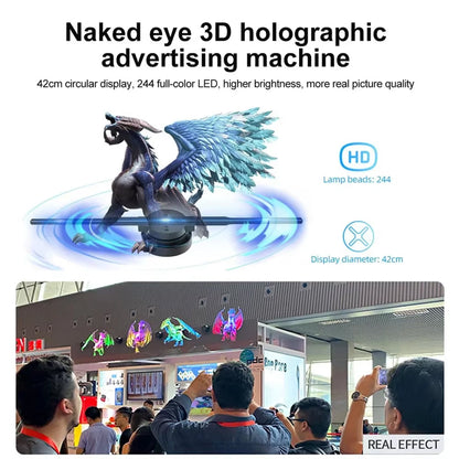 Naked eye Holovoxy 3D Hologram advertising machine with dragon design and people observing it.