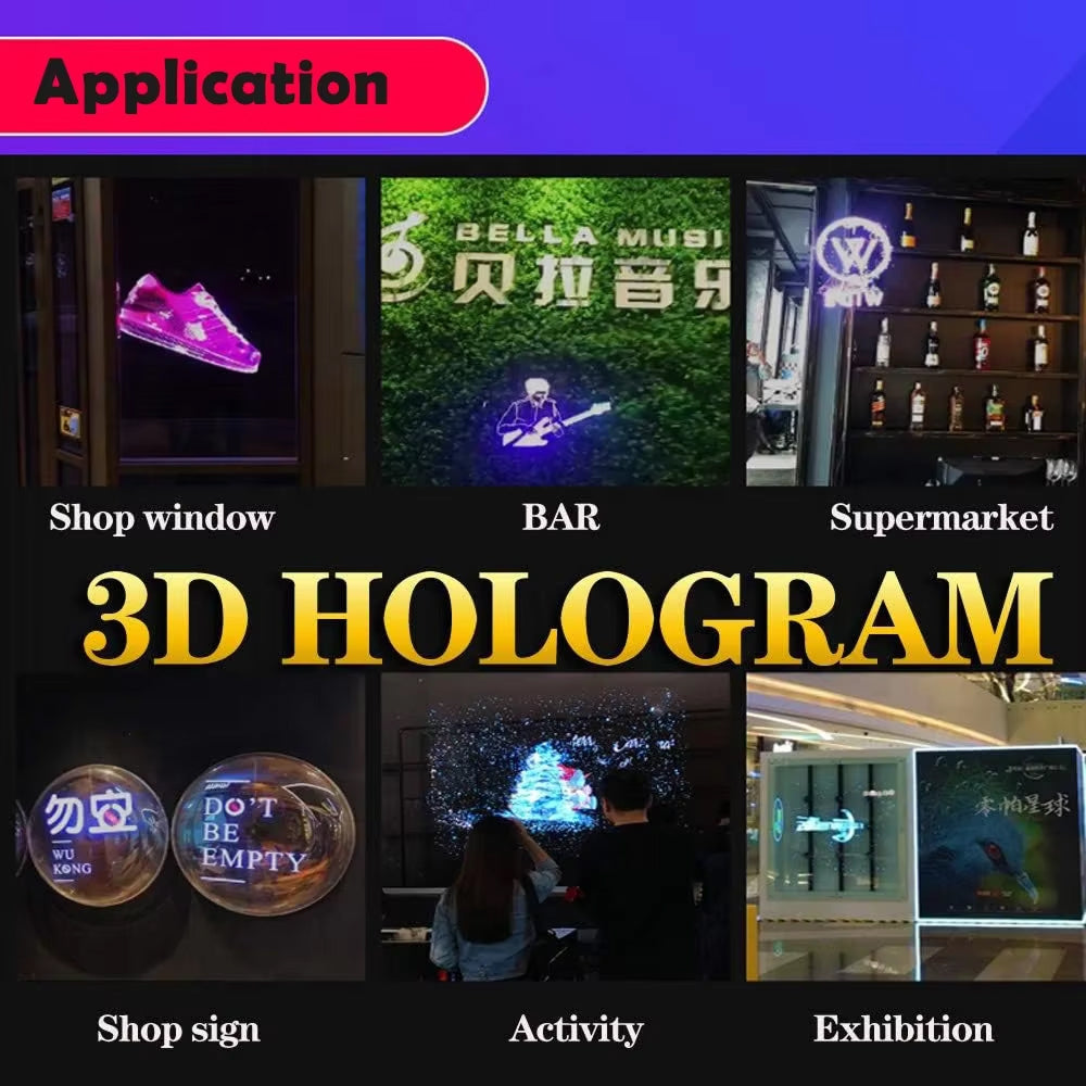 Promotional image of Holovoxy 3D Hologram applications including shop window, bar, supermarket, shop sign, activity, and exhibition.
