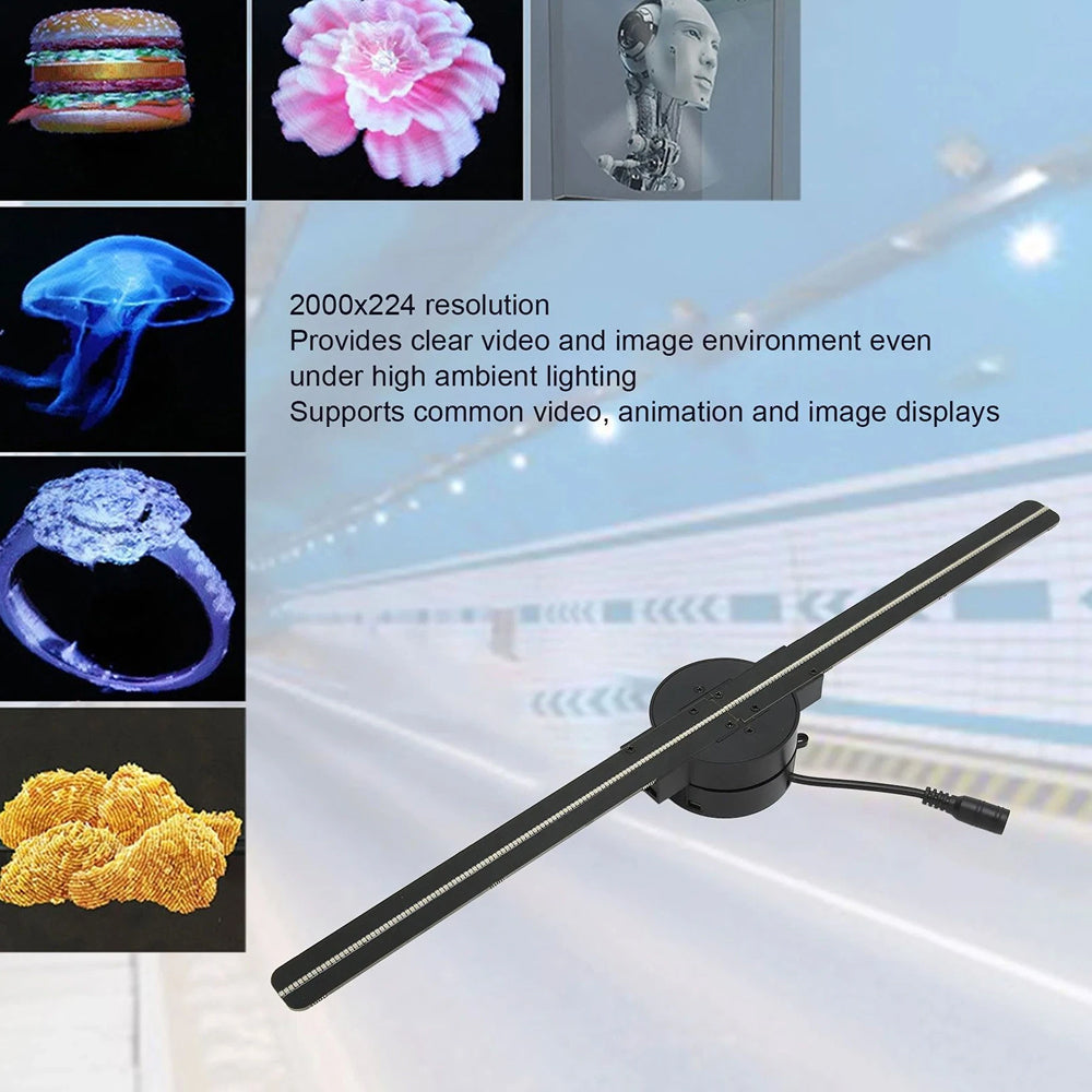  Holovoxy 3D Hologram bar with text on resolution and features, surrounded by small images of products.