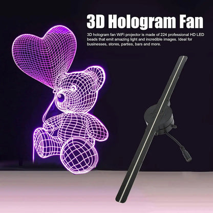 Holovoxy 3D Hologram fan with teddy bear and heart balloon design on a dark background