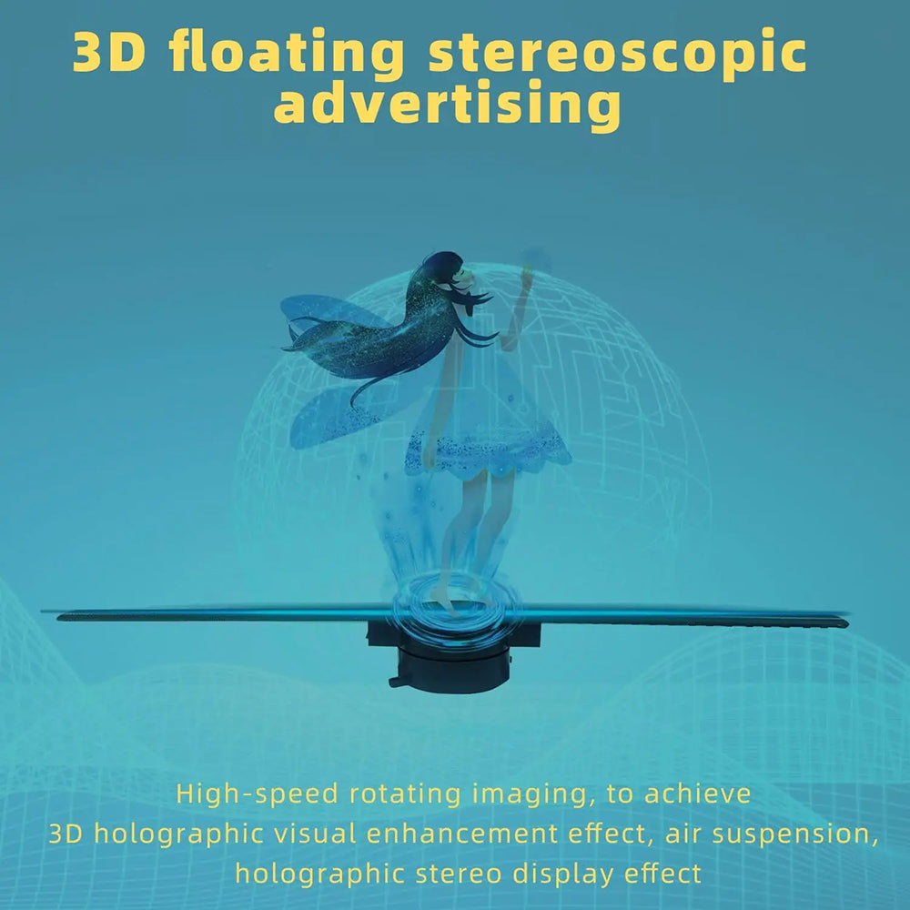Holovoxy 3D Hologram stereoscopic advertising with a woman in a dress on a blue background