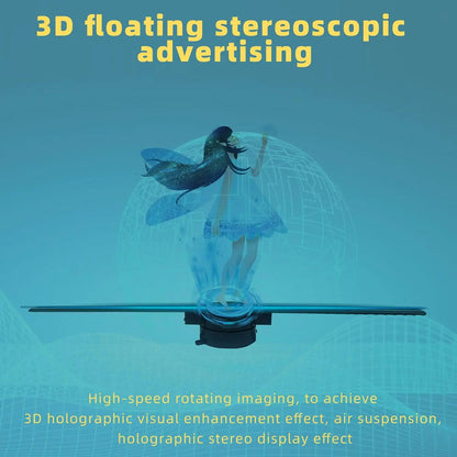 Holovoxy 3D Hologram stereoscopic advertising with a woman in a dress on a blue background