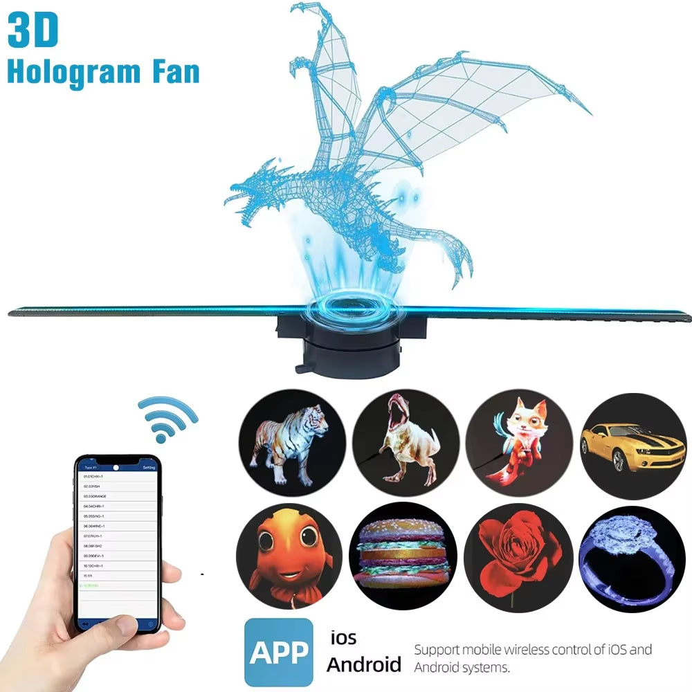 Holovoxy 3D Hologram fan with dragon design, smartphone control, and app icons displayed.
