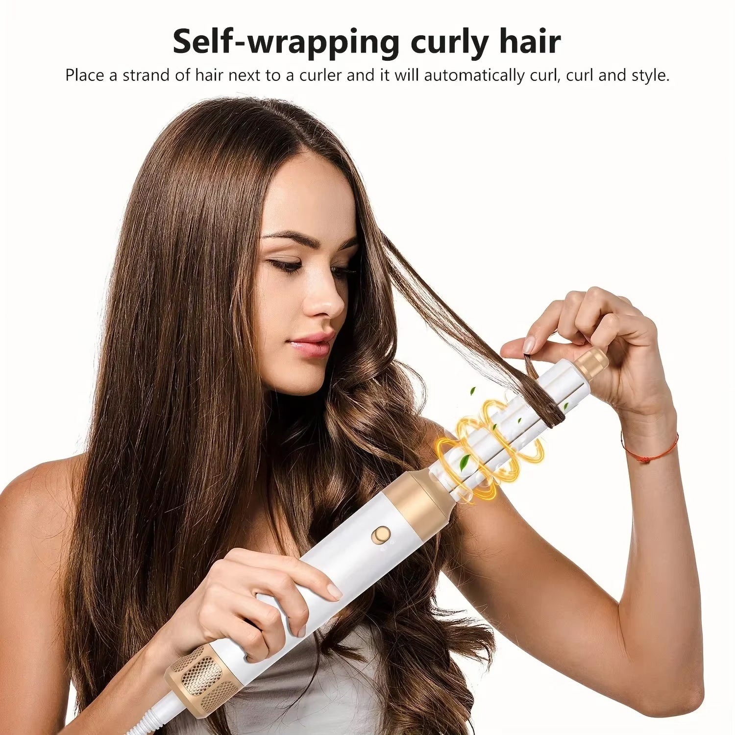 Woman using a IonCrafi Ionic Hair Dryer tool to curl her hair with text 'Self-wrapping curly hair'.