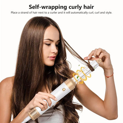 Woman using a IonCrafi Ionic Hair Dryer tool to curl her hair with text 'Self-wrapping curly hair'.