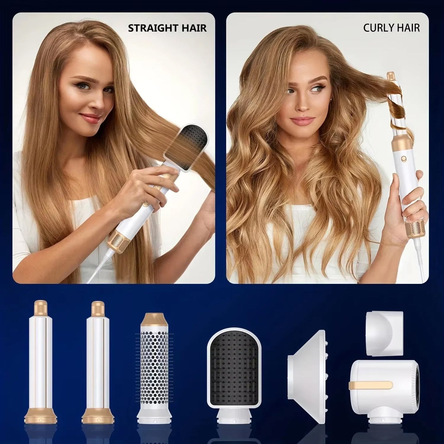 Woman using a hair styling tool on straight and curly hair with attachments displayed below.