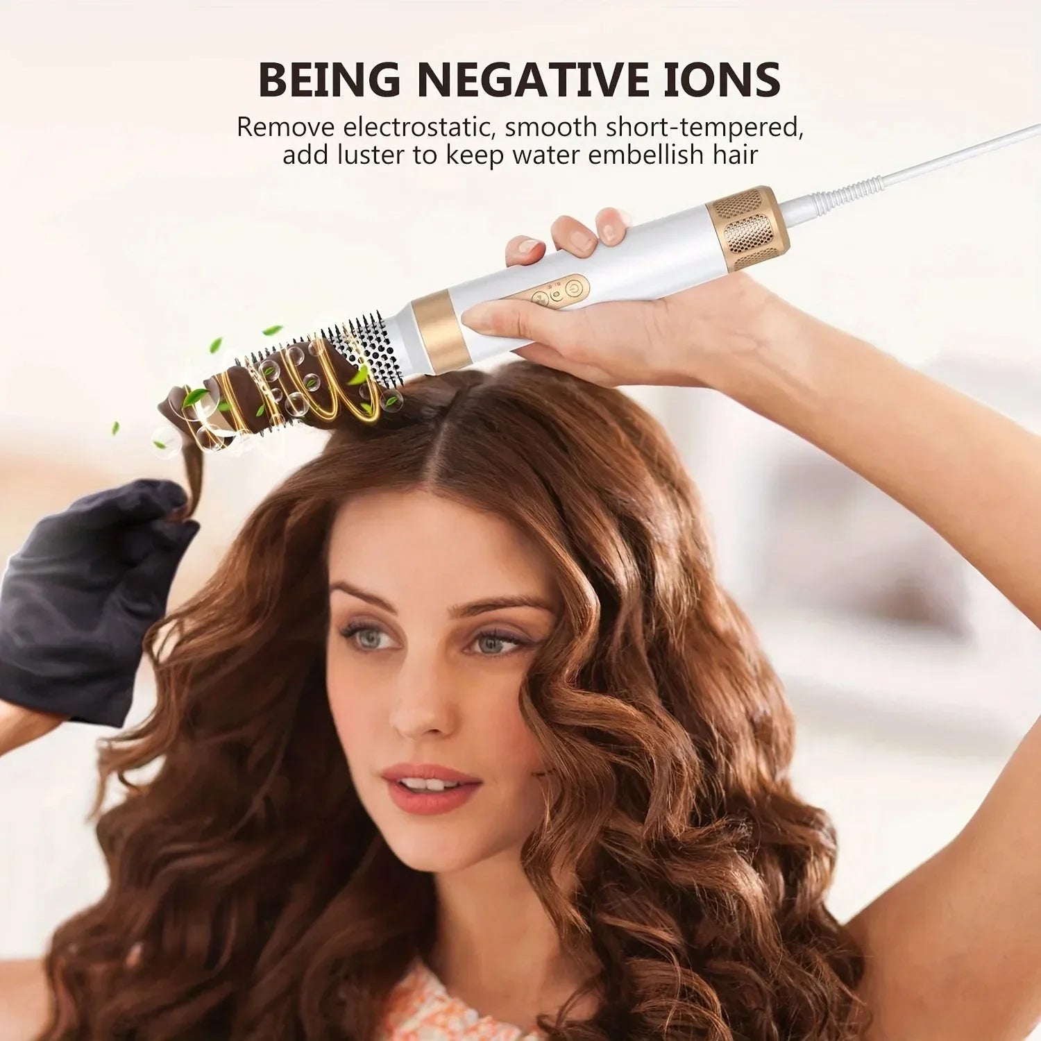 Woman using a IonCrafi Ionic Hair Dryer with text about negative ions on a blurred background
