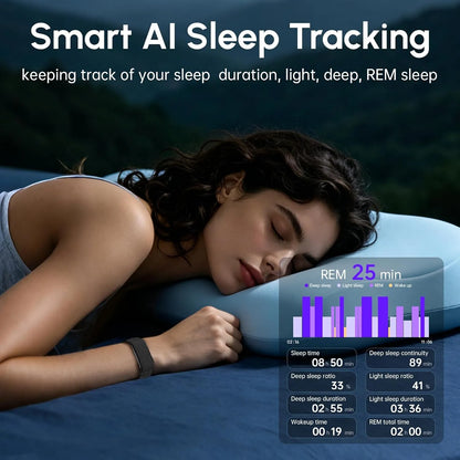 A woman sleeping peacefully on a blue pillow, with a smart sleep Ionos Screenless Fitness Tracker on her wrist. The image features text reading 'Smart AI Sleep Tracking' and a data dashboard showing sleep metrics like REM and deep sleep duration.