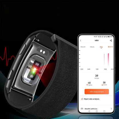 Black smart heart rate monitor Ionos Screenless Fitness Tracker shown alongside a smartphone displaying an HRV health app screen, on a dark background with a red heart wave graphic.